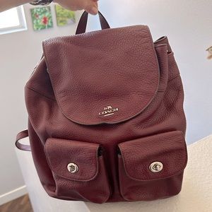 Coach Park Pebbled Leather Flap Burgundy Backpack Maroon